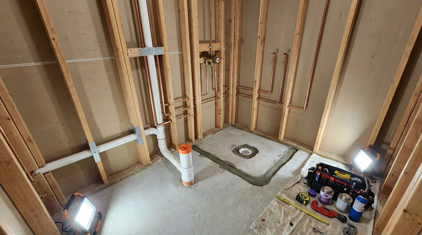 Bathroom rough-in plumbing during remodel by Johns Plumbing LLC in Cottonwood