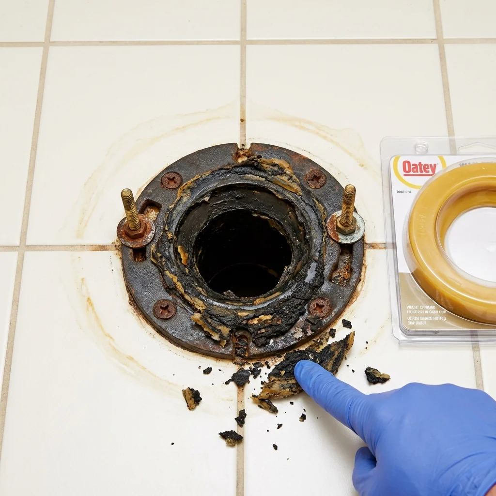 Failed wax ring showing water seepage at the base of a toilet in a Cottonwood, CA home