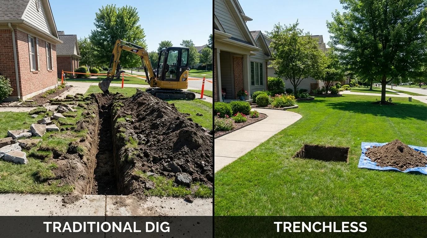Trenchless sewer repair with minimal yard damage versus traditional excavation in Cottonwood, CA