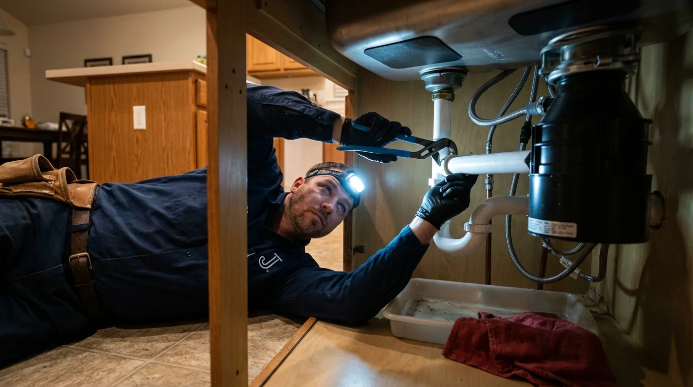 P-trap and supply line connections under a kitchen sink showing a common leak point in Cottonwood, CA